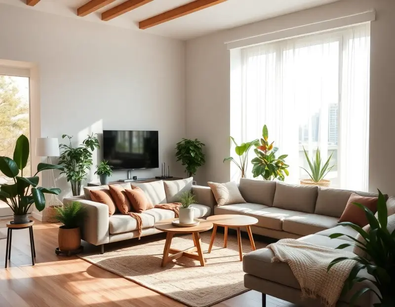 AI living room design with modern furniture and natural light